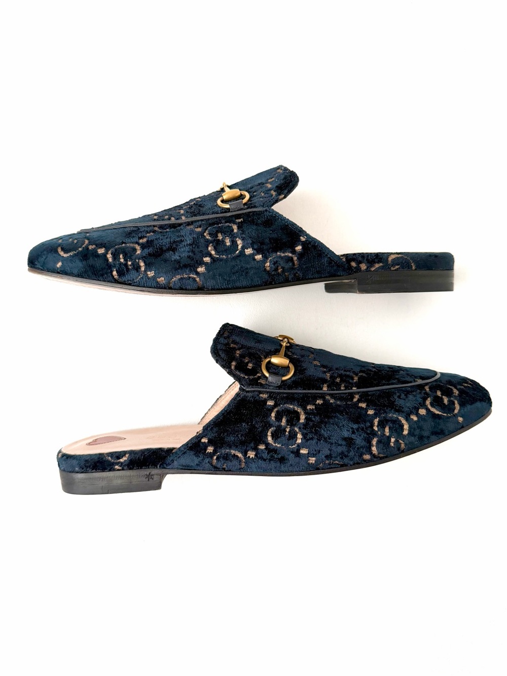 GUCCI | Princetown GG Velvet Horsebit Mules Flats Slippers Navy Blue Gold EU 39 - Picture 8 of 10